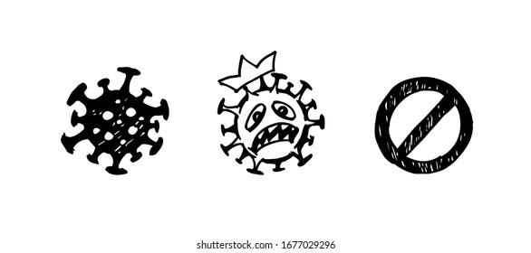 Coronavirus Bacteria Cell Icons, 2019-nCoV. No Infection and Stop Coronavirus Concepts. Hand draw cartoon vector set. Isolated on  white