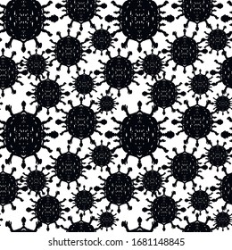 Coronavirus Bacteria Cell symmetrical hand drawn pattern.
Coronavirus 2019-nCoV.Black silhouette COVID-19. Virus infections epidemic. Vector healthcare illustration.