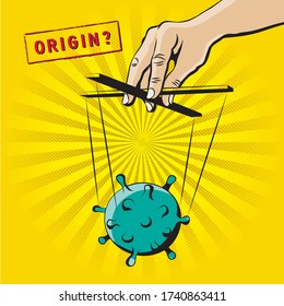 Coronavirus Bacteria Controlled by Comic Style Hand with Puppet Strings Conspiracy Concept About Covid-19 Laboratory or Animal Origin - Black on Yellow Background - Vector Hand Drawn Graphic Design