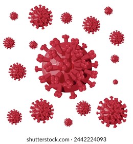 Coronavirus bacteria model isolated on white background. Corona virus 2019 nCoV, pathogenic microorganism. Red virus bacteria cell, covid 19 influenza disease. Flat vector illustration