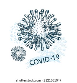 Bacterias de coronavirus en fondo blanco. Ilustración de esbozo dibujada a mano por vectores. Covid 19