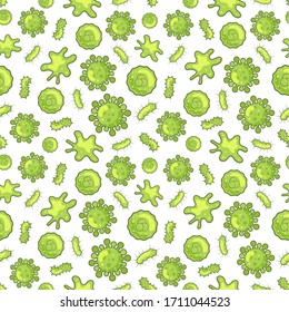 Coronavirus and bacteria seamless pattern virus disease theme background green color