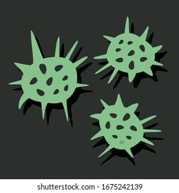 Coronavirus bacteria set. 2019-nCoV green virus molecules. Covid-19 cartoon vector illustration