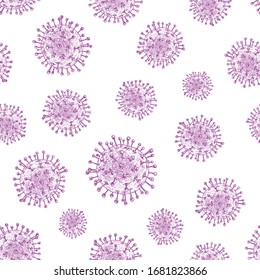 Patrón transparente del vector bacteriano del coronavirus. Fondo De 19 Esbozos Dibujados A Mano. Aviso de Epidemia Médica Planilla de Envoltura de Virus Corona, Tarjeta, Papel tapiz o Cubierta.