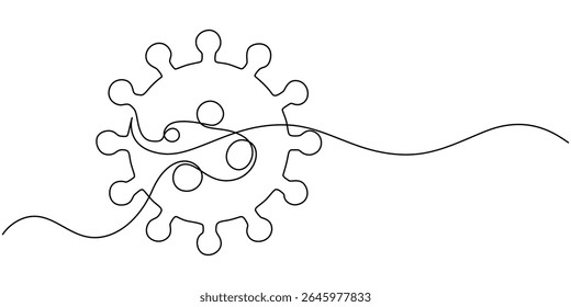 Coronavirus bacteria Virus Cell Icon, virus cell continuous one line drawing, Continuous one line cartoon doodle hand drawn of Virus cell and medicine syringe inside isolated on white background.