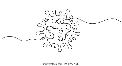 Coronavirus bacteria Virus Cell Icon, virus cell continuous one line drawing, Continuous one line cartoon doodle hand drawn of Virus cell and medicine syringe inside isolated on white background.