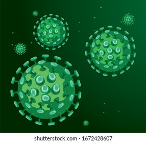 Coronavirus bacteria virus covid macro microbiotic details flu microscope symbol pneuomia pandemic disease covid-19 biology on green abstract background
