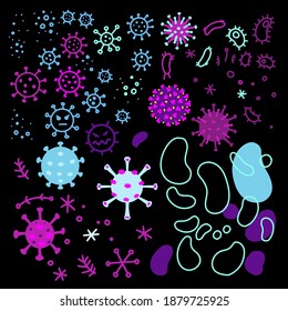 Coronavirus, bacteria and viruses. Microcosm, cartoon images of microbes.