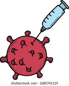 Coronavirus bacterial cell. Syringe, virus vaccine. Cartoon color vector illustration. Separately on a white background.