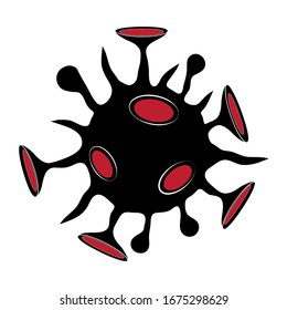 A coronavirus or bacterium, a microbe, a virus with antennas and legs of various shapes and sizes is depicted. The color of the picture is black, white and red. Background image is white.