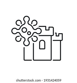 Coronavirus bacterium
with tower linear icon. Middle Ages. Stone castle. Thin line customizable illustration. Contour symbol. Vector isolated outline drawing. Editable stroke