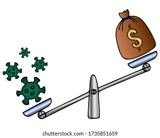 Coronavirus und Tasche mit US-Dollar. Das Virus ist schwerer. Saldo zur Abwägung wirtschaftlicher Entscheidungen. Vector-Abbildung. Auf einem isolierten weißen Hintergrund kontrastieren. Finanzkrise. Cartoon.