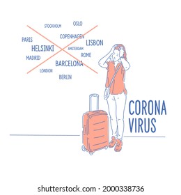 Coronavirus. Ban on entry to various countries due to the pandemic. A girl with a suitcase cant go on a trip.