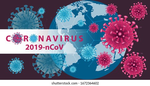 Coronavirus banner for awareness & alert against disease spread, symptoms or precautions. Corona virus design with infected eath and virus microscopic view background. Respiratory system