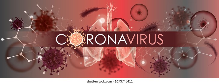 Coronavirus banner for awareness & alert against epidemic disease spread, symptoms or precautions. Corona virus design with infected lungs & viral microscopic view data background. Respiratory system