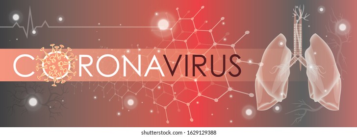 Coronavirus banner for awareness or campaign against disease spread, symptoms or precautions. Corona virus banner design with infected lungs and virus microscopic view background. Respiratory system.