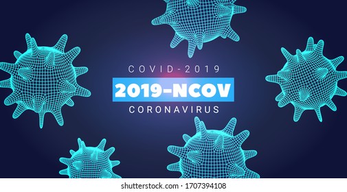 Coronavirus banner Dark blue background with bacteria, background Hologram of Corona Virus, 2019-nCoV concept with polygonal cell mesh. 3D COVID-2019 elements. Vector illustration