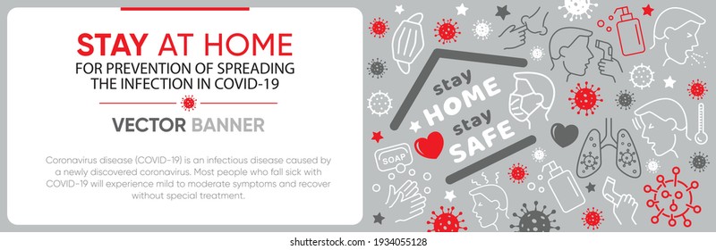 Coronavirus banner design template. Dangerous Covid-19 cells vector flat illustration. Stay and work at home, quarantine, self-isolation during the global pandemic of 2019-ncov outbreak poster design