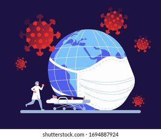 Coronavirus banner with earth in safet medical mask among viruses, doctor runs to the patient. Concept of awareness and alert against disease spread. Flat Art Vector Illustration