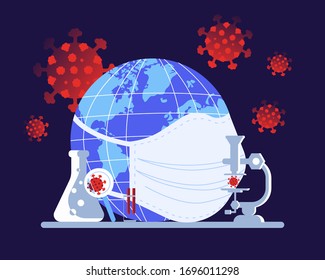 Coronavirus banner with earth in safet medical mask among viruses, virus microscope and vaccine. Concept of screening and developing pandemic corona virus pneumonia treatment. Flat Art Vector Illustra