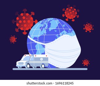 Coronavirus banner with earth in safet medical mask among viruses and ambulance. Concept of precautions epidemic outbreak and awareness. Flat Art Vector Illustration