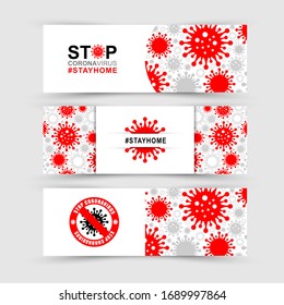 Coronavirus banner for hospitals, medical facilities. Bacteria Cell Icon and Poster COVID-19 Stop Virus for World Health organization, SEO, Web Design and Digital Marketing. Stay at home. Vector 