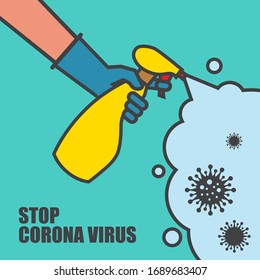 Coronavirus banner and landing page for hospitals, medical facilities.
COVID-19 Stop Virus. Antibacterial disinfection concept flat design.
Man in gloves holds bottle of antiseptic spray. Vector

