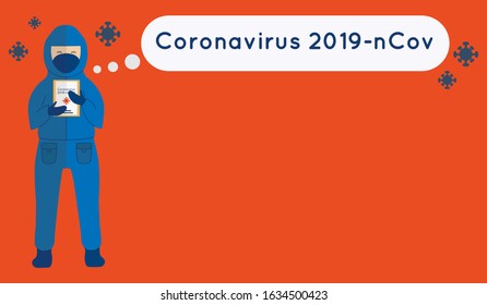 Coronavirus banner. Novel coronavirus 2019-nCov. Rescuer in uniform holding a bord with sheet of paper. Speech bubble with inscription. Copy space. Flat style vector illustration. Quarantine concept