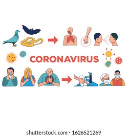 Coronavirus banner on white background having animal caused disease, symptoms, and prevention factors, health vector illustration. 