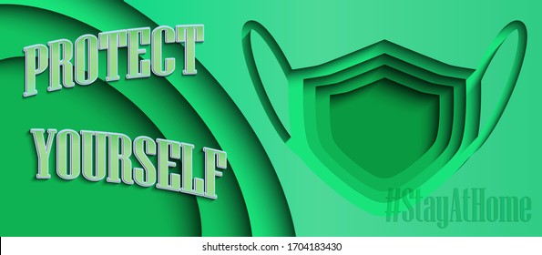 Coronavirus banner. Papercut style design with coronavirus elements. Covid-19. 2019-ncov. Hashtag StayAtHome. Medical mask.  Protect yourself. 