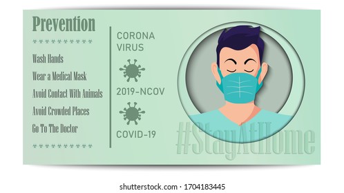 Coronavirus banner. Papercut style design with coronavirus elements. Male icon in medical mask. Covid-19. 2019-ncov. Hashtag StayAtHome. 