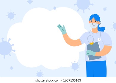 Coronavirus banner template with copy space, female doctor wearing a mask, pointing at speech balloon, cartoon character, informational poster or placard with blank space for your text.