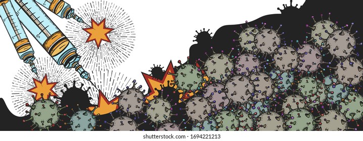 Coronavirus banner. Vaccine kills virus. Fight against epidemic. Medical illustration. Propaganda art. War on world pandemic print. Syringe attacks microbes. COVID-19 (2019-nCoV) concept 