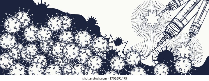 Coronavirus banner. War on world pandemic print. Syringe attacks microbes. COVID-19 (2019-nCoV) concept. Vaccine kills virus. Fight against epidemic. Medical illustration. Propaganda art 