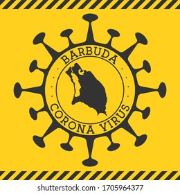 Coronavirus in Barbuda sign. Round badge with the shape of the virus and Barbuda map. Yellow island epidemic lockdown stamp. Vector illustration.