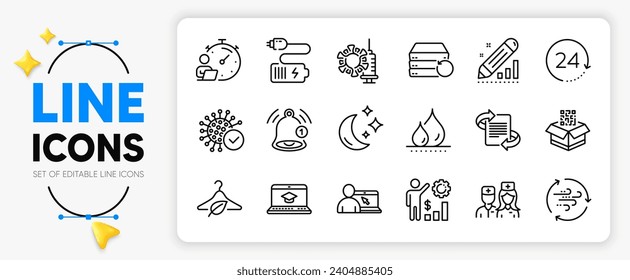 Coronavirus, Battery and Qr code line icons set for app include Waterproof, Marketing, Edit statistics outline thin icon. 24 hours, Online education, Website education pictogram icon. Vector