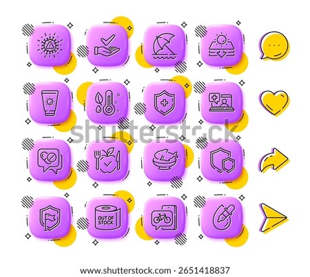 Coronavirus, Beach umbrella and Medical drugs line icons. App 3d buttons. Social media comment, share, like icons. Pack of Shields, Toilet paper, Vegetarian food icon. Vector
