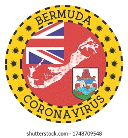 Coronavirus in Bermuda sign. Round badge with shape of Bermuda. Yellow island lockdown emblem with title and virus signs. Vector illustration.