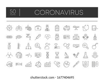 Coronavirus big 50 icon set for infographic or website - symptoms, transmission, prevention, treatment on white background. Covid-19. Novel Coronavirus 2019-nCoV. Vector illustration.