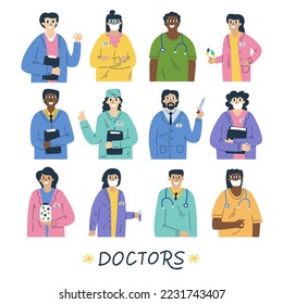Coronavirus. Big set of doctors. Vector isolated illustrations. Diverse medic professionals. Essential workers. Virus fighters brigade. Male, female.
