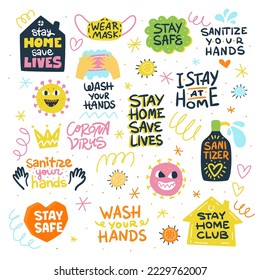 Coronavirus. Big set of pandemic lettering. Healthcare quotes. Illustration vector elements. Isolated design. Wash hands, stay home, keep safe.