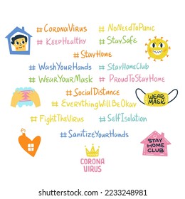 Coronavirus. Big tags collection about pandemic, quarantine, self isolation, social distance. Healthcare theme. Vector isolated illustrations.