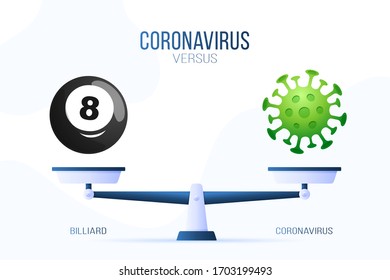 Coronavirus or billiard vector illustration. Creative concept of scales and versus, On one side of the scale lies a virus covid-19 and on the other billiard ball icon. Flat vector illustration.