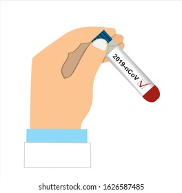 Coronavirus blood analysis concept. Test tube with a blood sample in doctor hand. 2019-nCoV Coronavirus originating in Wuhan, China.