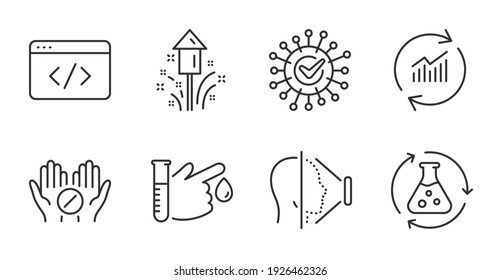 Coronavirus, Blood donation and Seo script line icons set. Medical tablet, Update data and Face id signs. Fireworks, Chemistry experiment symbols. Quality line icons. Coronavirus badge. Vector