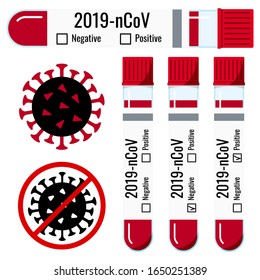 Muestras de sangre de coronavirus en tubos de ensayo plásticos con el icono del vector del capuchón fijado con pegatina, signo aislado en fondo blanco. Diseño plano de caricatura de equipos médicos de laboratorio 2019-nCoV ilustración