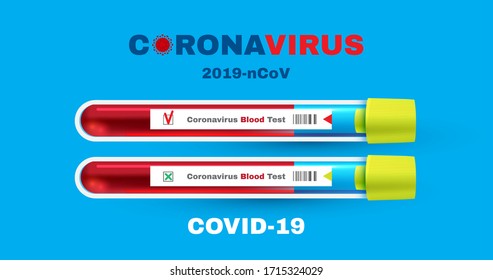 Coronavirus Blood Test. Realistic 3D test tube with blood. Coronavirus (2019-nCoV) background. Virus Covid 19-NCP. Coronavirus nCoV. Positive and negative testing for COVID.