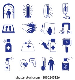 Coronavirus blue icons. Cleaning and sanitizer surface, wash hand gel, UV lamp, sanitizing mat, infrared thermometer, dispenser, disinfection tunnel. Coronavirus rules and prevention icons set. Vector