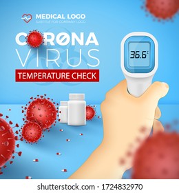 Coronavirus body temperature check during Covid-19 outbreak. Healthcare card with 3d red virus cells and hand holding thermometer on blue background. Coronavirus disease vector illustration design.