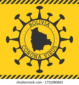 Coronavirus in Bolivia sign. Round badge with the shape of the virus and Bolivia map. Yellow country epidemic lockdown stamp. Vector illustration.